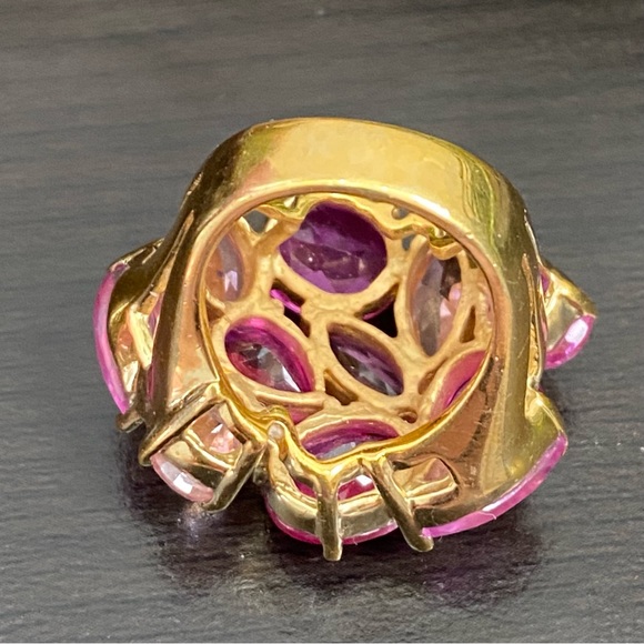 JC China Signed Pink Fuchsia Pink Cluster Crystal Cocktail Ring Size 5.5 - Picture 14 of 16